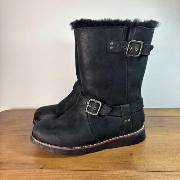 UGG Womens 7 Black Noira Leather Pull On Boots 1001733 Snow Shearling Lined - Picture 1 of 11